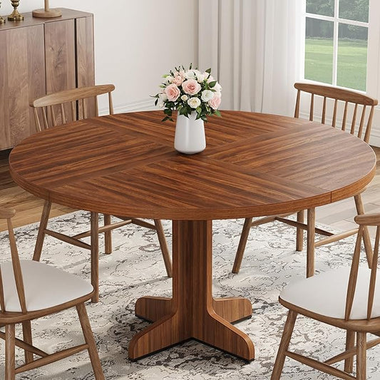 IDEALHOUSE Round Dining Table for 4, 47 Inches Dining Room Table with Wooden Base, Circle Kitchen Dinner Table for Dining Room, Kitchen, Living Room (Table Only), Walnut