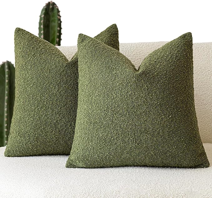 Foindtower Set of 2, Decorative Textured Boucle Throw Pillow Covers Accent Solid Pillow Cases Neutral Soft Cozy Couch Cushion Case for Chair Sofa Bedroom Living Room Home Decor 24 x 24 Inch Green
