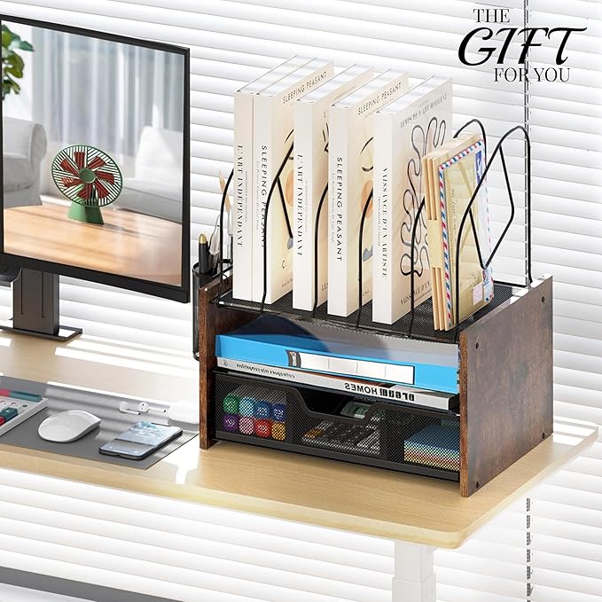 Wood Desk Organizer - 2-Tier Desktop File Organizer with Drawer with Vertical File Holder, Wooden Paper Tray, Office Desk Organzier and Accessories for Papers, Mail, Notebooks, Stationery