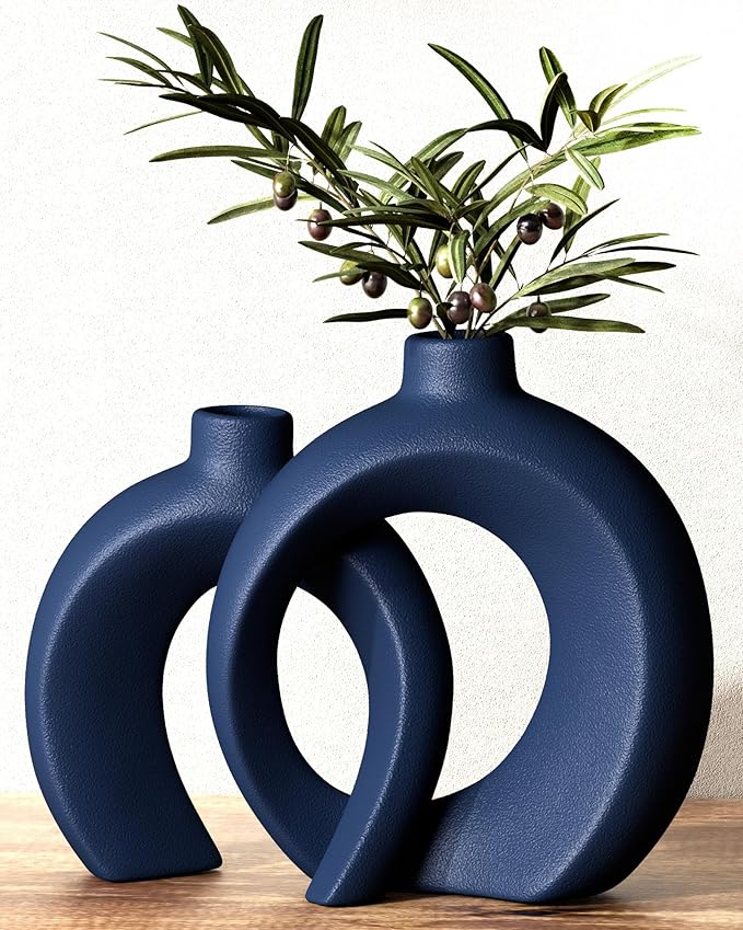 Blue Vase Set of 2 - Donut Navy Vases Home Decor, Modern Coastal Decor - Decorative Vase, Ceramic Decorations for Living Room Coffee Table Bookshelf Shelf Console Mantle (Matte Navy Blue)