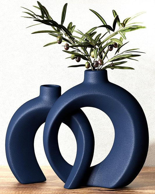 Blue Vase Set of 2 - Donut Navy Vases Home Decor, Modern Coastal Decor - Decorative Vase, Ceramic Decorations for Living Room Coffee Table Bookshelf Shelf Console Mantle (Matte Navy Blue)