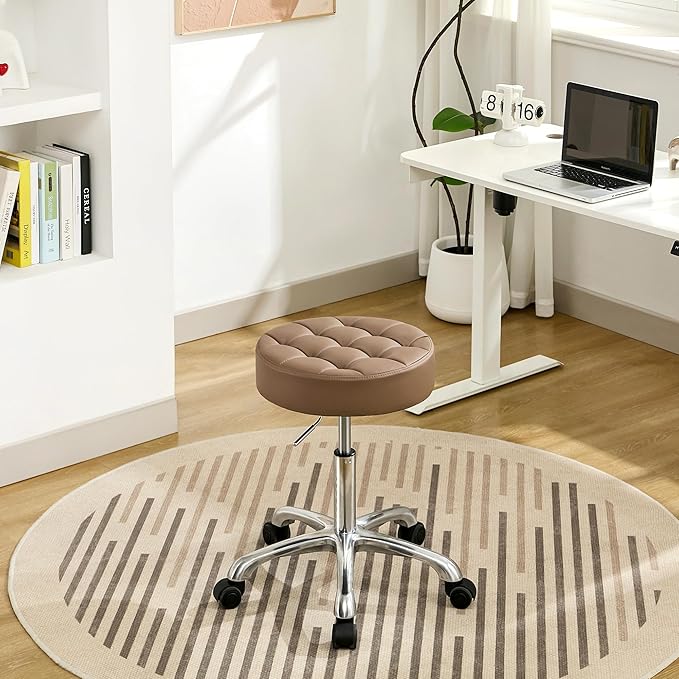 Stool for Work (Adjustable Height 20-27 inch) (Quiet Wheels and Aluminum Base) Vanity Stool for Makeup Room (Coffee Brown)