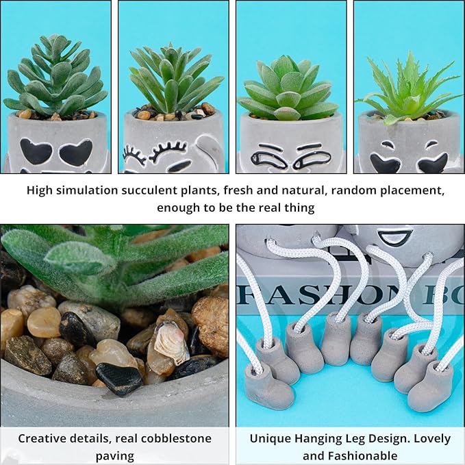 4 Pack Artificial potted Succulent Plants with Hanging Legs, Fake Mini Succulents in Pots, Faux Small Plants for Office Desk, Kitchen, Bathroom, Home Shelf Decor, Funny Office & Home Decor Accents