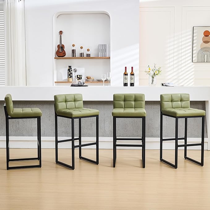 Set of 4 Bar Stools, Upholstered Bar Height Barstools with Low Back and Thickened Metal Frame, Modern Tall Bar Chairs for Kitchen Island, Bar, Counter (Avocado Green, 4Pcs 30" Bar Stools)