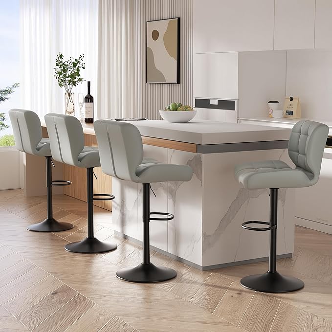 Modern Bar Stools Set of 4, Faux Leather Upholstered Swivel Bar Stools, Adjustable Counter Height Bar Chairs with High Back and Footrest for Kitchen Island (Light Grey)