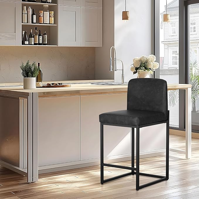 ALPHA HOME Counter Height Bar Stools, 24” Kitchen Counter Stools Set of 1, Pu Leather Kitchen Modern Bar Chairs with Back&Footrest, Sturdy Chromed Metal Steel Frame, Black