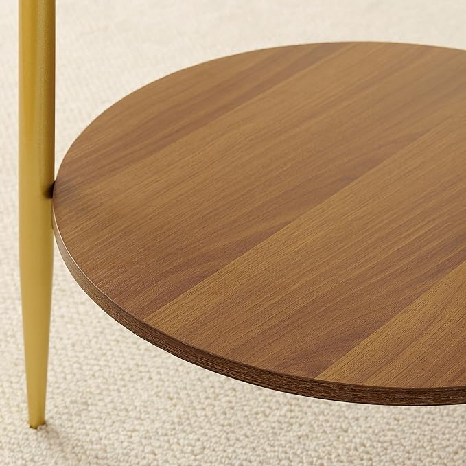 Round End Table, Mid-Century Modern Design, D20*H23 inch, for Living Room, 2-Tier Structure, Clear Glass Top and Walnut MDF Shelf, Sleek Conical Metal Legs with Gold Finish
