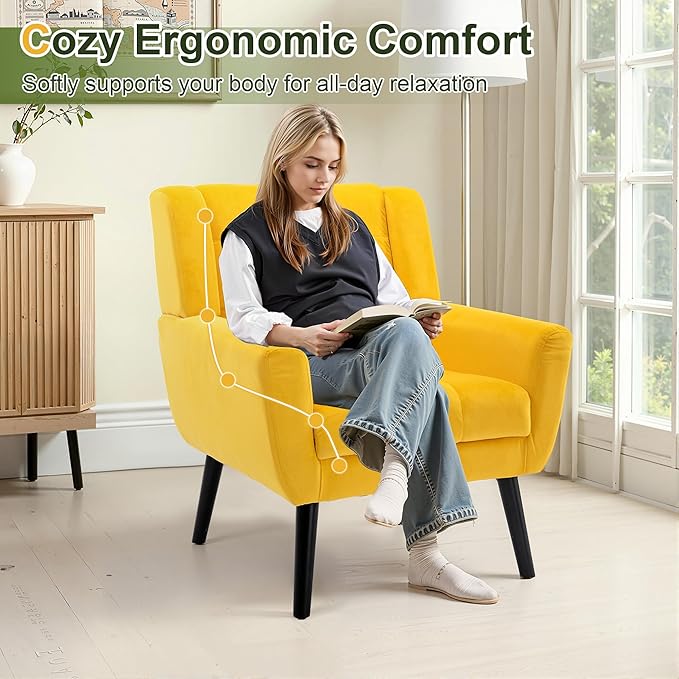 NicBex Accent Chair Set of 2, Modern Chair for Living Room Upholstered Foam Filled Living Room Chairs with Metal Legs Velvet Cozy Lounge Armchair for Living Room Bedroom,Yellow