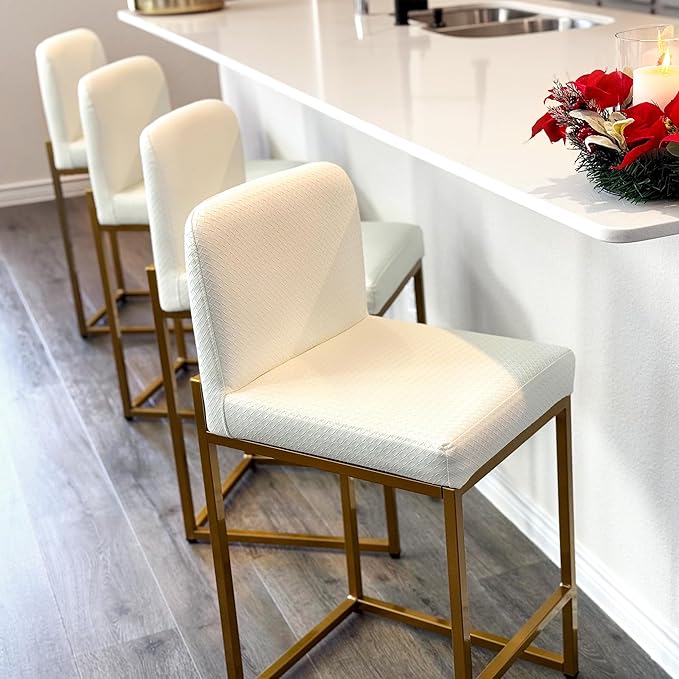 ALPHA HOME 24” Bar Stools Set of 3 Counter Height Bar Stool Pu Leather Kitchen Modern Bar Stools with Backrest Upholstered Footrest Sturdy Chromed Metal Steel Frame, Off-White