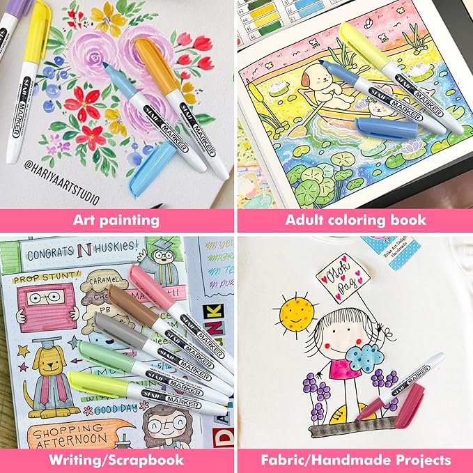 SFAIH 24 Pastel Permanent Markers - Assorted Dreamy Colors, Quick Drying, Fade Resistant, Fine Point Permanent Markers for Paper, Scrapbook, Coloring Book, Poster, School, Home, Art Painting, Drawing