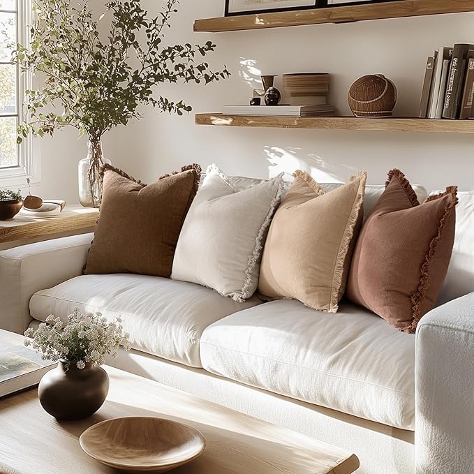 MIULEE Fall Decorative Couch Pillow Covers Neutral Linen Fringe Throw Pillows Set of 4 Accent Rustic Cushions Boho Farmhouse Pillowcases for Bed Sofa Living Room Home Decor 18x18 Inch Beige/Brown