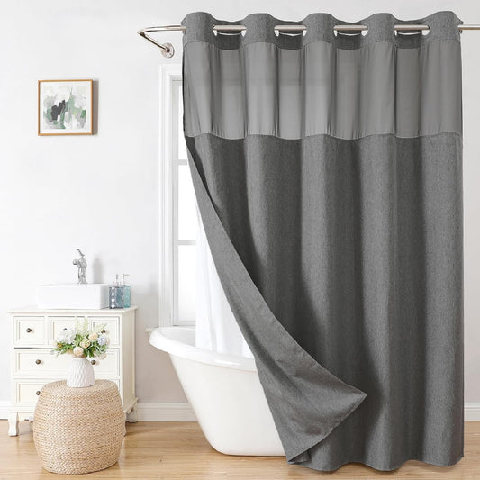 Extra Long No Hooks Needed Linen Textured Shower Curtain with Snap-in Fabric Liner Set,White Hotel Luxury Decor Shower Curtains for Bathroom,Waterproof & Washable,71Wx86H,Charcoal Grey