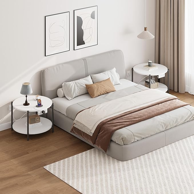 LIKIMIO Round Side Table Set of 2, 23.6" W End Table with Charging Station, Modern Wooden Nightstand for Small Spaces, Living Room, Bedroom, White