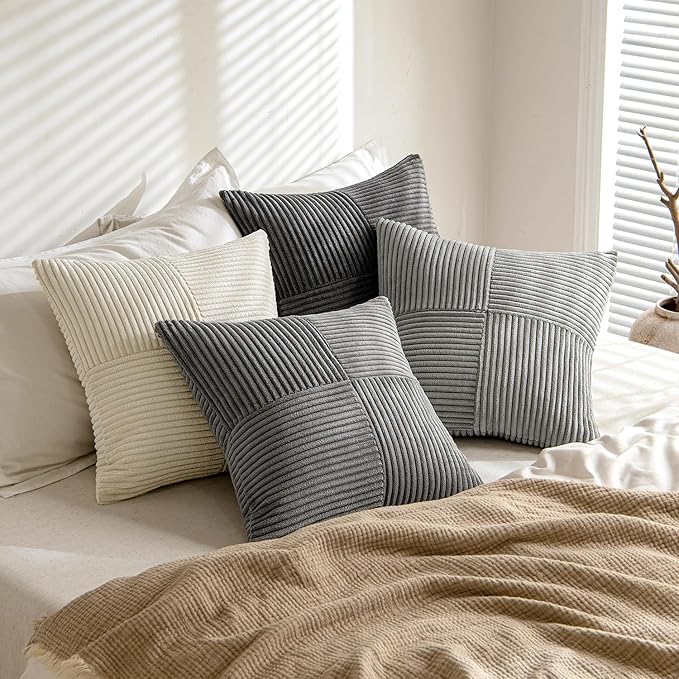 MIULEE Neutral Grey Decorative Throw Pillow Covers 20x20 Inch Set of 4 Modern Farmhouse Corduroy Cushion Cases Striped Patchwork Pillow Cases for Couch Sofa Bedroom Home Decor