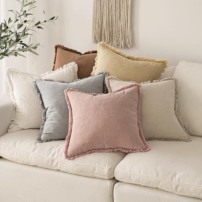 MIULEE Decorative Throw Pillow Covers Neutral Linen Fringe Throw Pillows Set of 2 Pink Boho Farmhouse Cushion Covers with Tassels for Couch Sofa Bed Living Room Spring Home Decor 20x20 Inch