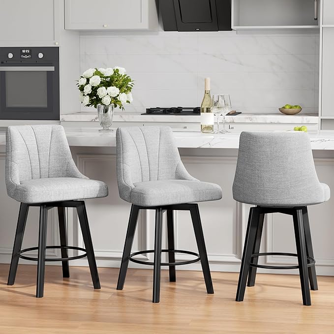 Counter Height Swivel Bar Stool, 24" Upholstered Fabric Barstools Set of 3, Counter Stool Chair with Back & Solid Wood Legs for Kitchen Island Dining Room (Light Gray)