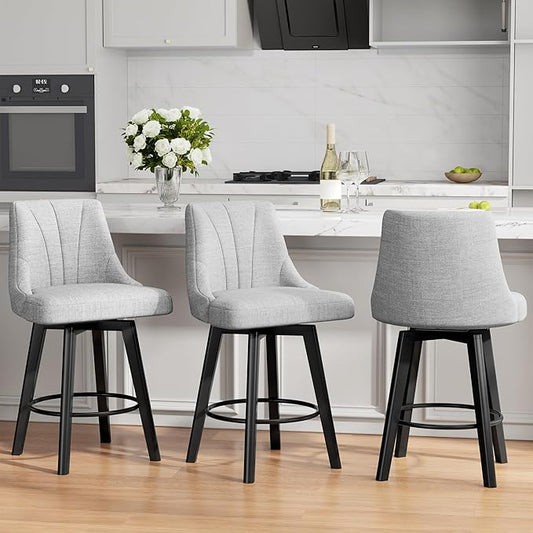 Counter Height Swivel Bar Stool, 24" Upholstered Fabric Barstools Set of 3, Counter Stool Chair with Back & Solid Wood Legs for Kitchen Island Dining Room (Light Gray)