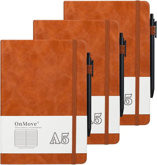 Notebooks Journal for Women Men 3 Pack Bulk Leather Hardcover with Pen Holder A5 160 Pages 100 GSM Thick Paper for Work School Lined Brown