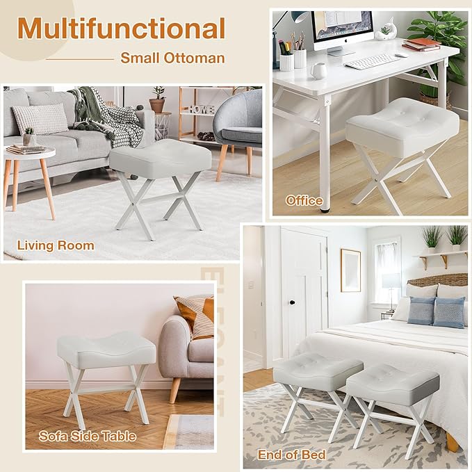 18-Inch Large Leather Vanity Stool, Vanity Chair with Metal X-Leg, Ottoman Accent Stool with Thick Padded Saddle Seat, White