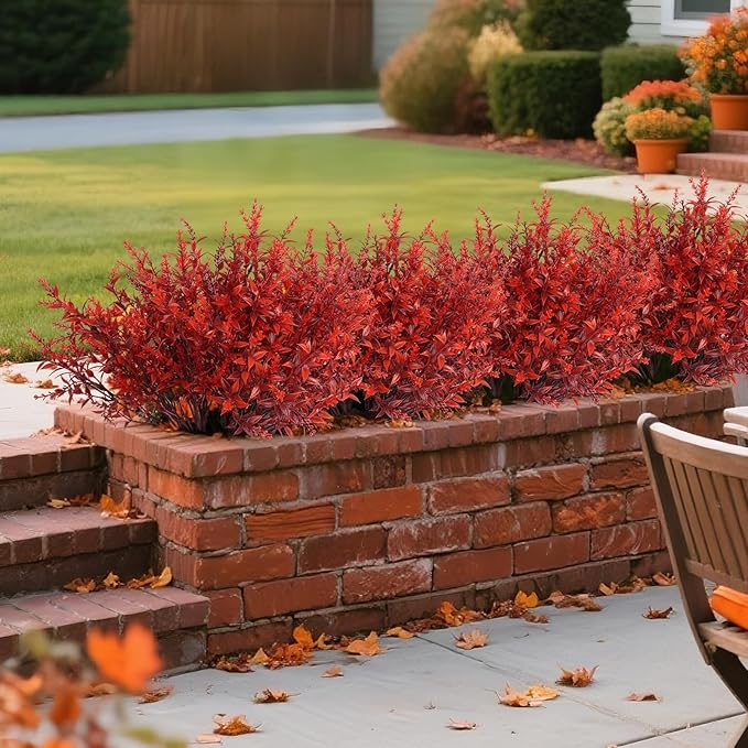 RECUTMS Artificial Greenery for Outdoors Lavender Fall Fake Plants Fake Flowers Outside UV Resistant Faux Greenery Artificial Plants Faux Flowers for Fall Wedding Yard Window Autumn Decor (Wine Red)