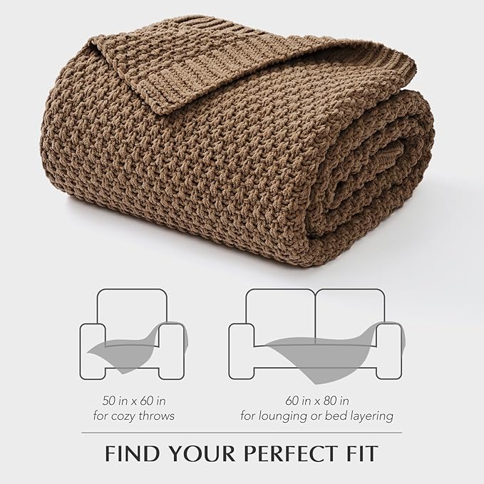 EVERGRACEHOME Chunky Chenille Knit Throw Blanket for Couch, Soft Luxurious Moss Stitch Blankets for Bed, Cozy Decorative Farmhouse Knitted Throws for Sofa, Camel Brown, 50" x 60"