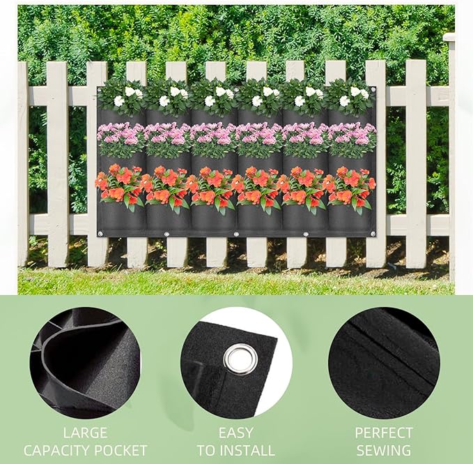 18 Pockets Hanging Grow Bags, 2 Pack Horizontal Wall Planter Plant Grow Bags Outdoor Indoor Hanging Planter for Balcony/Railing/Fence/Yard/Garden/Home Decoration, Black