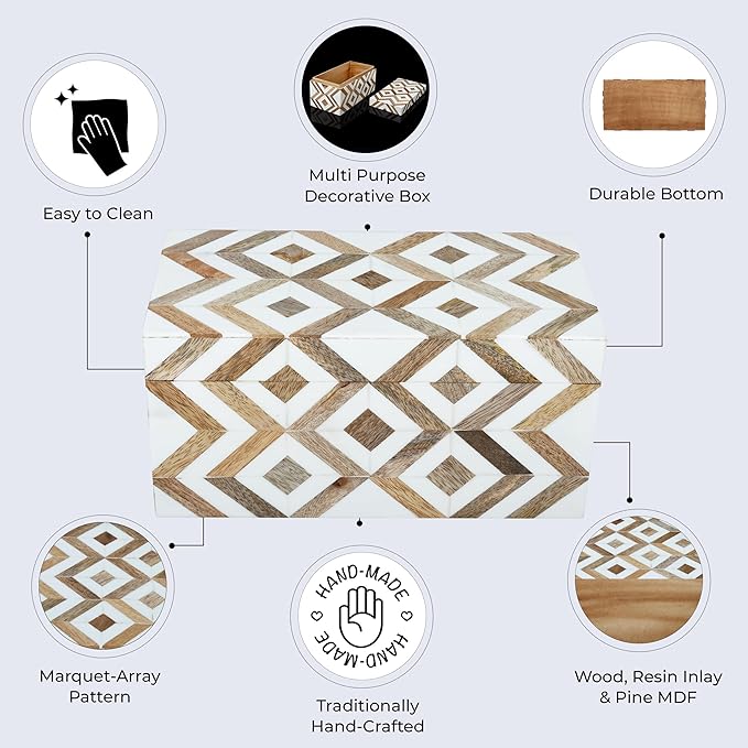 Handicrafts Home Handmade Decorative Storage Box with Lid - Jewelry Organizer, Keepsake Holder & Gift Box, Decor, Marquet Array Pattern Made with Resin Inlay & Wood,cajas organizadoras –10X5X5 In