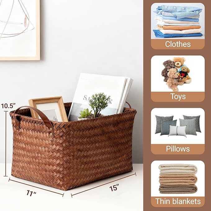 15L Laundry Baskets Waterproof Storage Baskets For Shelves Large Laundry Hamper With Leather Handle -set of 6 Cube Organizers Woven Bins for Bathroom,Bedroom,Pantry,Clothes,Car & Towels-Brown