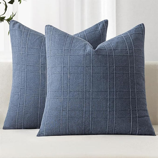 MIULEE Decorative Linen Check Throw Pillow Covers Neutral Farmhouse Vintage Pillow Covers 20x20 Set of 2 Boho Modern Home Decor for Sofa Couch Bedroom Cushion Blue
