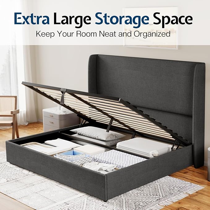 Jocisland Lift Up Storage Bed Queen Size Linen Upholstered Platform Bed Frame/Hydraulic Storage/Modern Wingback Headboard/No Box Spring Needed/Wood Slats Support/Dark Grey