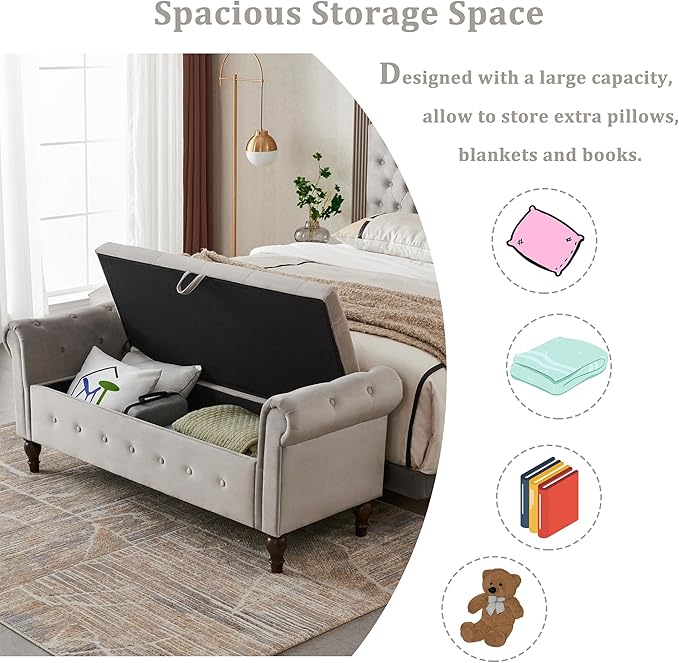 Modern Upholstered Storage Ottoman Bench, Velvet 63-inch Storage Bench with Rolled Arms for Bedroom End of Bed, Button-Tufted Ottoman with Storage for Living Room, Entryway, Gray