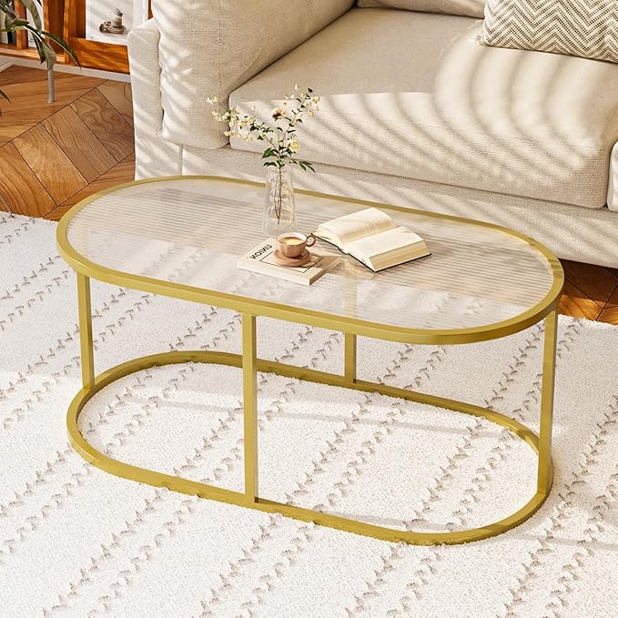 Coffee Table Gold Glass Coffee Table for Living Room, Oval Table Center Table with Ribbed Glass Top and Sturdy Metal Frame,Modern Glass Accent Tables for Bedroom Home Office