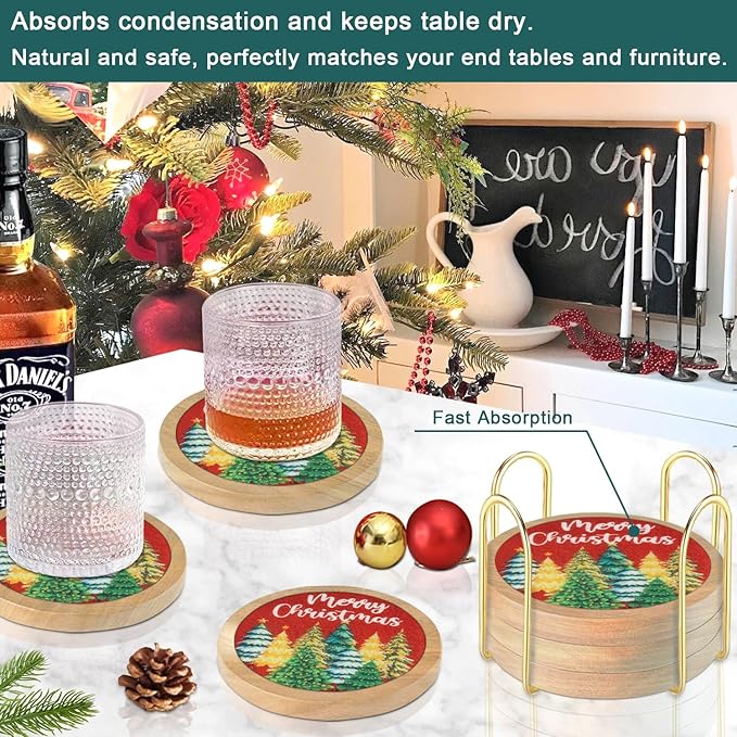 Christmas Tree Coasters for Drinks with Holder, Minacun Absorbent Coaster Set of 6, White Elephant Gifts, Secret Santa Gifts, Xmas Decor, Drinks Coasters for Coffee Tabletop Protection, 4.3 Inches