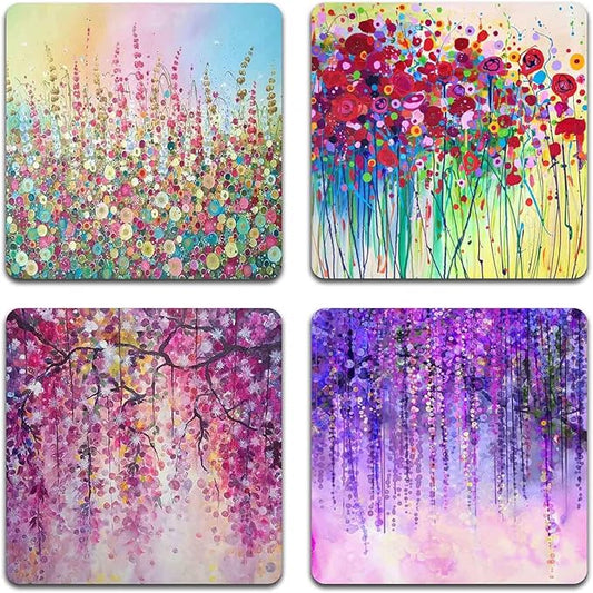 Colorful Watercolor Flowers Square Coaster Set - Made of Recycled Rubber - Set of 4