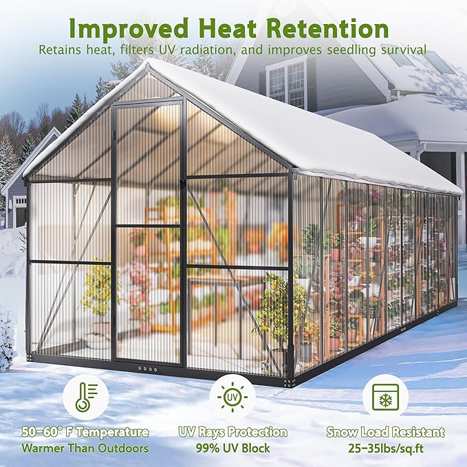 Wanan 8x20FT Greenhouses for Outdoors, Quick Assembly Polycarbonate Green House with UV Protection, Heavy Duty Windproof Aluminum Frame, Adjustable Roof Vent for Backyard or Outdoor Garden Use