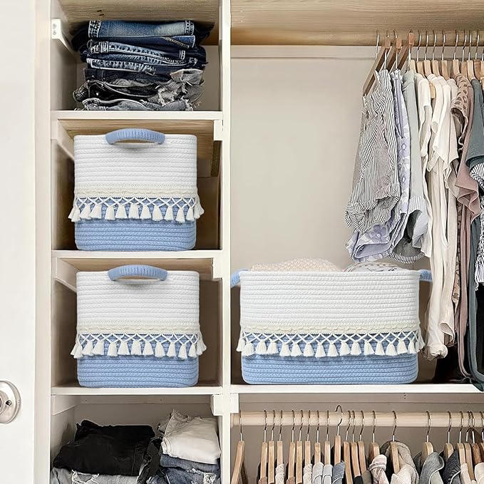 3 Pack Storage Basket for Shelves, Boho Cotton Rope Storage Bins with Heavy Tassel, Shelf Baskets Large Woven Baskets for Organizing, Cube Organizer Bins, Baby Laundry Basket for Clothes, Toys, Pets