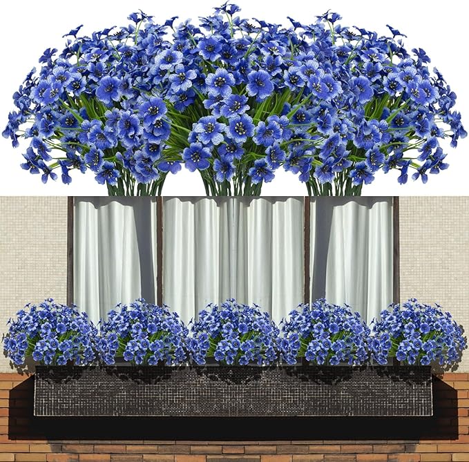 Artificial Flowers 15 Bunches Outdoor UV Resistant Faux Flowers Plastic Fabric Greenery Plants for Hanging Planter Kitchen Home Wedding Office Garden Decoration (Blue, Spring Grass)