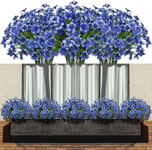 Artificial Flowers 15 Bunches Outdoor UV Resistant Faux Flowers Plastic Fabric Greenery Plants for Hanging Planter Kitchen Home Wedding Office Garden Decoration (Blue, Spring Grass)