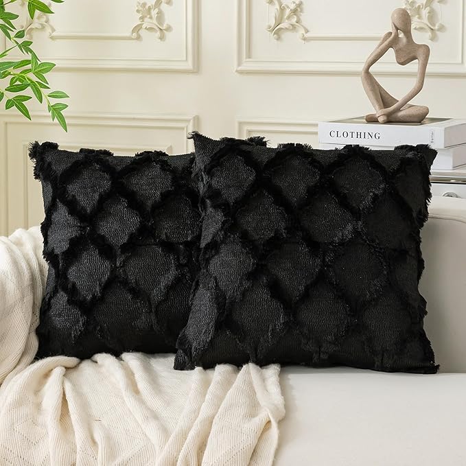 Set of 2 Soft Moroccan Throw Pillow Covers 24x24 Inch Plush Boho Decorative Pillow Cover Accent Cushion Case for Couch Sofa Bed, Black