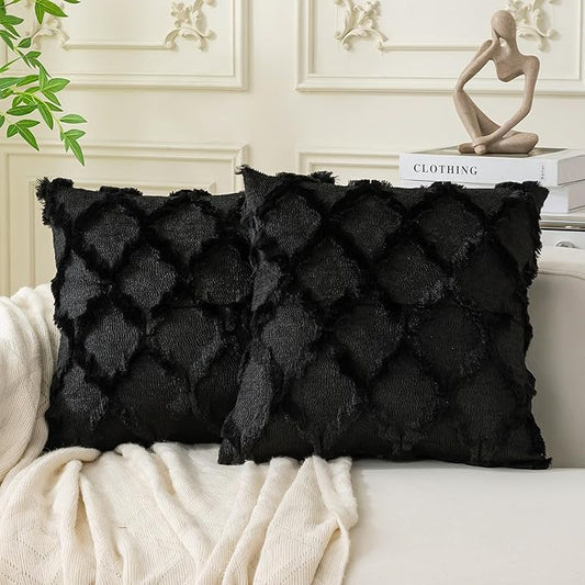 Set of 2 Soft Moroccan Throw Pillow Covers 20x20 Inch Plush Boho Decorative Pillow Cover Accent Cushion Case for Couch Sofa Bed, Black