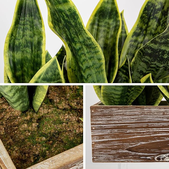 Fake Snake Plant in Rustic Wooden Planter 15.7 Inch Tall Artificial Sansevieria Trifasciata Plants Faux Potted Tropical Plant for Farmhouse Housewarming Home Office Modern Indoor Outdoor Decor