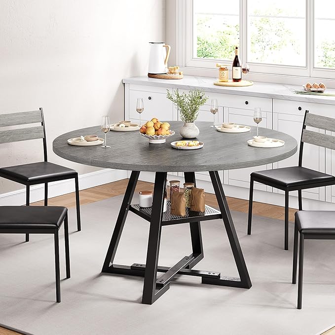 Round Dining Table for 4,Kitchen Dining Room Circle Dinner Pedestal Table,Space Saving Wood Kitchen & Dining Room Furniture, 42In,Grey