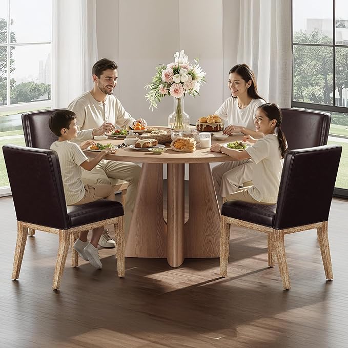 Wooden Dining Chairs Set of 4, Modern Leather Upholstered Dining Room Chair, Kitchen Side Chairs, Farmhouse Dinner Chair with High Back for Kitchen, Brown