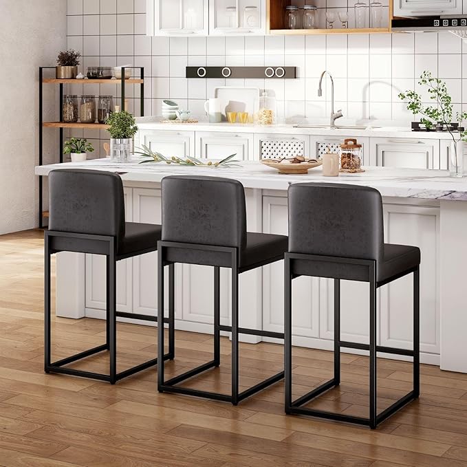 Sophia & William Black Bar Stools Set of 3, Modern PU Leather Counter Height Barstools with Back, 24" Kitchen Island Chairs