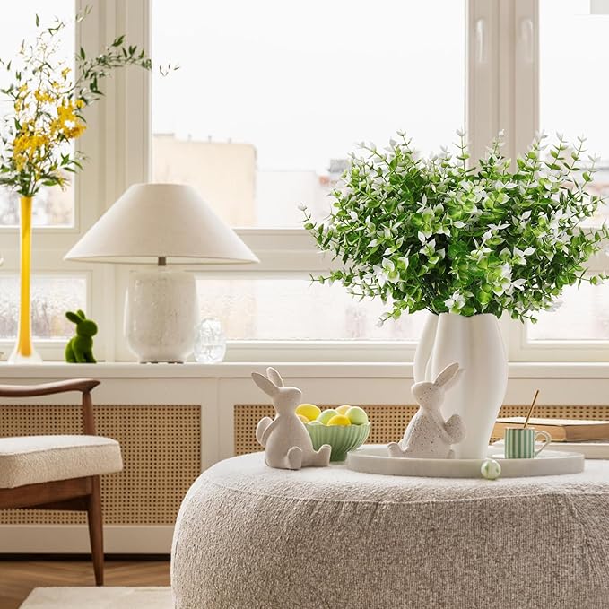 RECUTMS Artificial Faux Plants Flowers Outdoor Spring Decoration, 8 Bundles Artificial Flowers for Outdoors Realistic UV Resistant for Outside Home Planter Porch Patio Window Yard Decor(White)