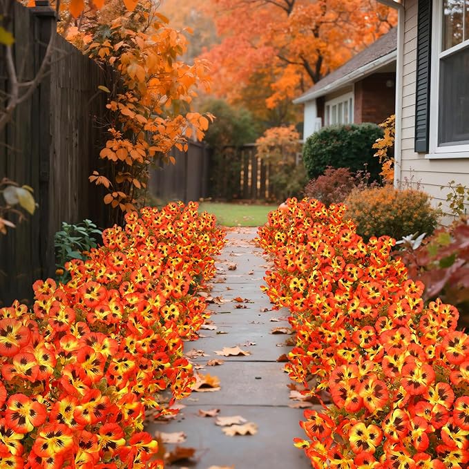 16 Bundles Artificial Fall Flowers for Outdoors Decoration, Fake Pansy Flowers UV Resistant Silk Faux Pansies Autumn Plants for Garden Window Box Patio Planter Porch Home Decor, Orange