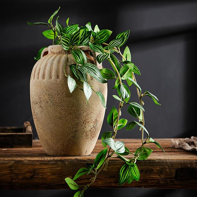 8.3 Inch Tall Large Ceramic Rustic Flower Vase for Home Office Decor, Boho Farmhouse Living Room Coffee Table Kitchen Bedroom Bathroom Wall Decor Aesthetic, Vintage House Shelf Decor -Beige