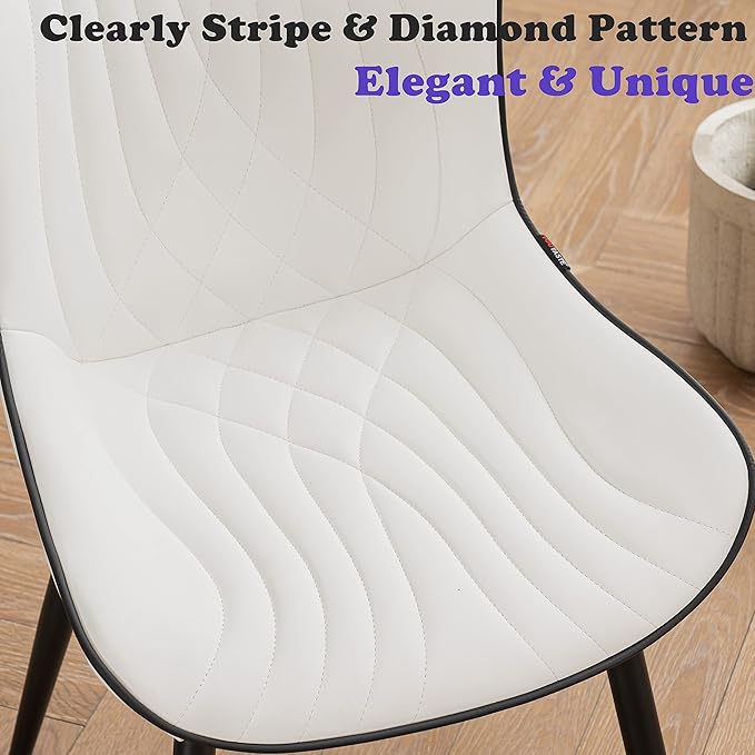 YOUTASTE Dining Chairs Set of 2, Mid Century Modern Upholstered Faux Leather Kitchen Room Chairs, with Black Metal Legs, Armless Accent Chair for Living Room, Bedroom, Vanity, White