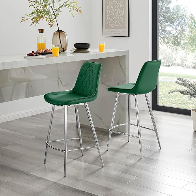 Bar Stool Chair - Pesaro Green Velvet Upholstered Dining Chair Silver Metal Legs - Modern Style Diamond Quilted Stitching to Back - Contemporary Dining Kitchen Furniture