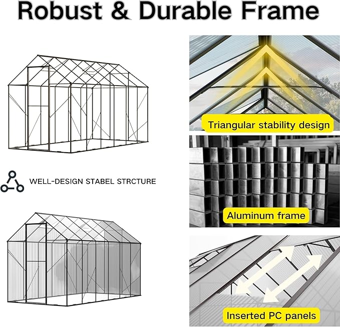 Kingdura 6x12ft Walk-in Greenhouse for Outdoors, Large Polycarbonate Greenhouses with Heavy Duty Aluminum Frame, Adjustable Roof Vent, Lockable Door, UV Protection for Outside Garden Backyard